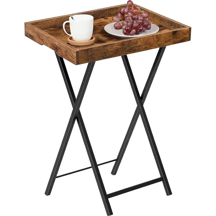 HOOBRO Beistelltisch mit Tablett, klappbarer Sofa-Beistelltisch mit abnehmbarem Holztablett, Vintage-Couchtisch mit Stahlrahmenkonstruktion, moderner Industriestil, Dunkelbraun EBF29BZ01