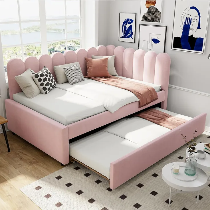 Ball & Cast Schlafsofa (140x200 cm&90x190 cm) mit Geblümter Rückenlehne + Ausziehbettfunktion, Polsterbett aus Hautfreundlichem Samtstoff, Einfach & Zeitsparend Montierbar, Rosa