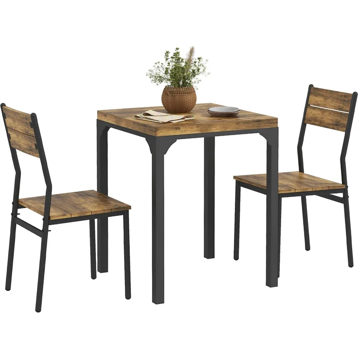 MELAYR, 3-teilige Essgruppe, Esstisch-Set, 1 Tisch, 2 Stühle, MDF+Metall, Braun, 60 x 60 x 76 cm, Rustikal-Braun – Bild 1