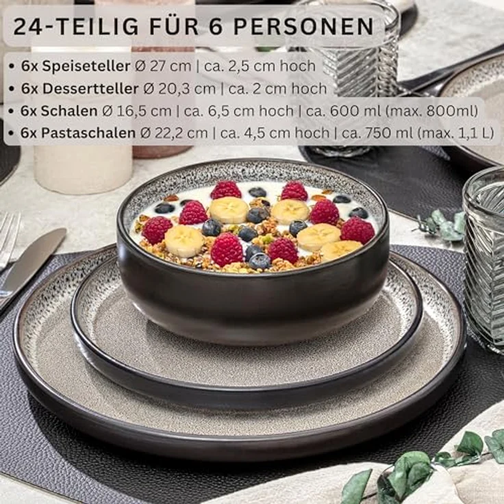 Sänger Luxor Tafelservice, 24-teilig, braun-beiges Steingut, kratzfest, rund, für Essen & Trinken – Bild 2