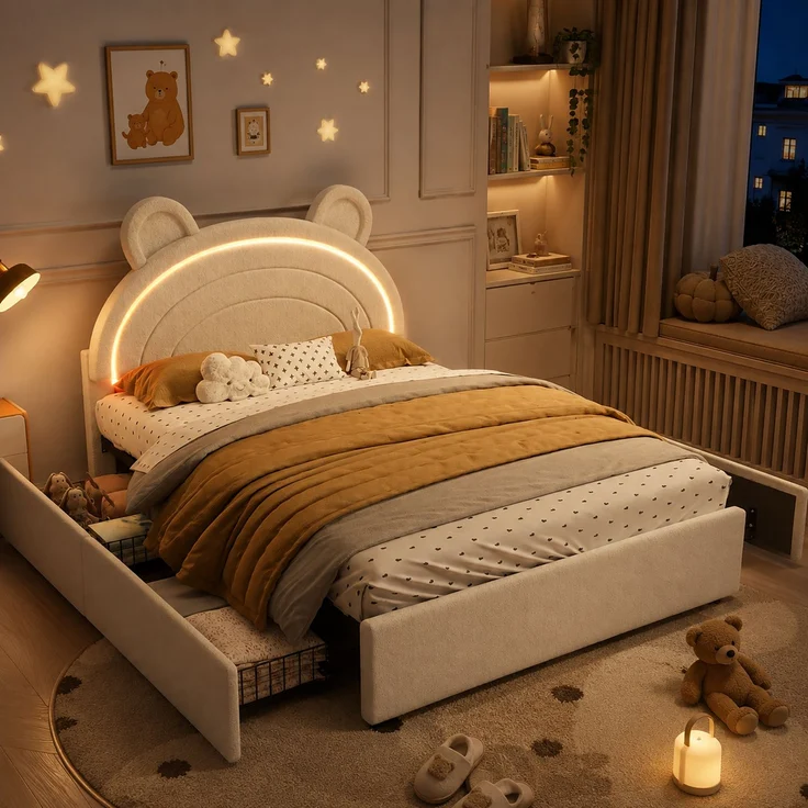 Abrihome Kinder-Polsterbett 140x200 cm, Beige, Bären-Kopfteil, 4 Schubladen, App-LED, 220 kg – Bild 6
