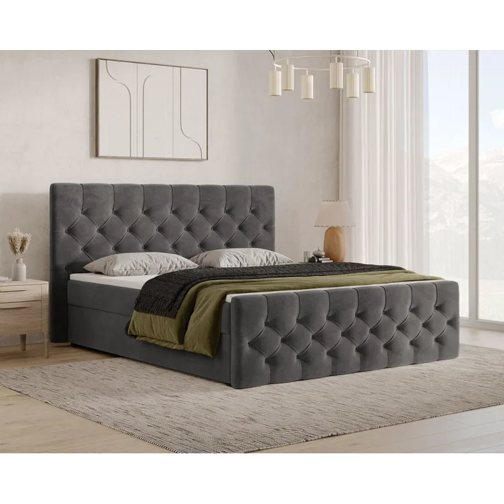 MOEBLO Boxbett Boxspringbett 13 (Chesterfield, Bonell, Topper, Doppelbett gepolstertes Kopfteil mit Bettkasten, Polsterbett Kontinentalbett, dekorativem Kopfteil), Boxspring, - (BxHxT): 174/194/214 x 113 x 223 cm