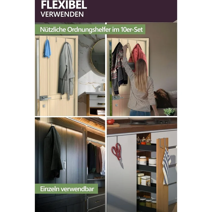 4smile Türhaken zum Einhängen - 10er Set, Fb. Grau - Solide Kleiderhaken Tür für die ganze Wohnung, flexible Haken zum Einhängen, belastbare Türhakenleiste, universelle Türgarderobe – Bild 3