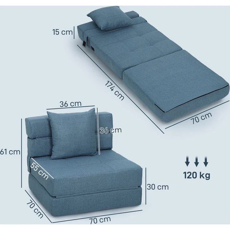 HOMCOM Schlafsofa Gästebett mit Bettfunktion, Kissen, Schlafsessel klappbar 1 Teile, für Wohnzimmer, Schlafzimmer, bis 120 kg Belastbar, Dunkelblau – Bild 3