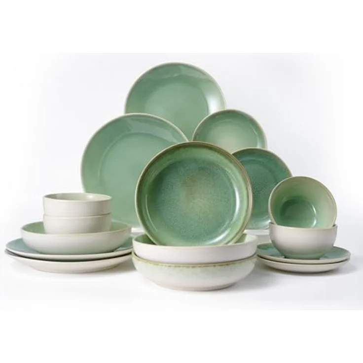 JIWOO Geschirr-Set 16er Kombiservice Teller-Set Tafelservice Schüssel-Set Speiseteller (16-tlg), 4 Personen, Keramik, Hochwertiges Geschirr set Grün Mikrowellen spülmaschinenfest – Bild 1