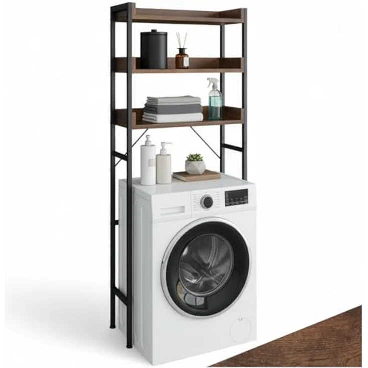 tectake Badezimmerregal mit 3 Ablagen, Badregal, Waschmaschinenregal, Industrial Design, Überbauschrank, Regal für Waschmaschine, Toilettenregal, WC Regal, 67 x 25 x 165 cm - Industrial Dunkelbraun – Bild 2