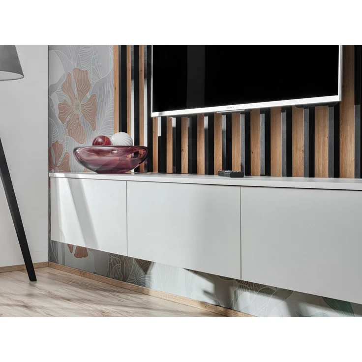 Wohnwand Verti mit Beleuchtung in Perla Gray und Artrisan mit Lamellenplatte 220 x 148 x 35 cm 3-teilig – Bild 16
