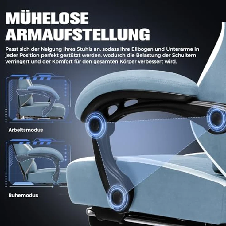 GTPLAYER Gaming Stuhl Ergonomischer, PC Stuhl Atmungsaktiver Stoff, Groß und Hoch Drehbarer Schreibtischstuhl mit Fußstütze,Verstellbare Lendenwirbelstütze und Kopfstütze,Hellblau – Bild 9