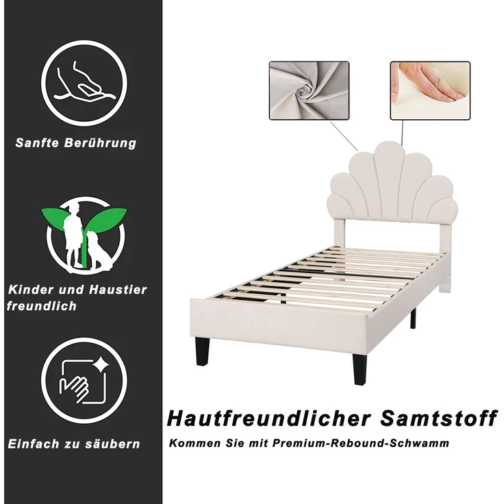 Polsterbett Kinderbett 90x200 cm, Bettgestell mit Kopfteil in Blumenform und Lattenrost, Teenie-Mädchenbett in hautfreundlichem Samtstoff, Gästebett (Farbe: Beige) – Bild 4
