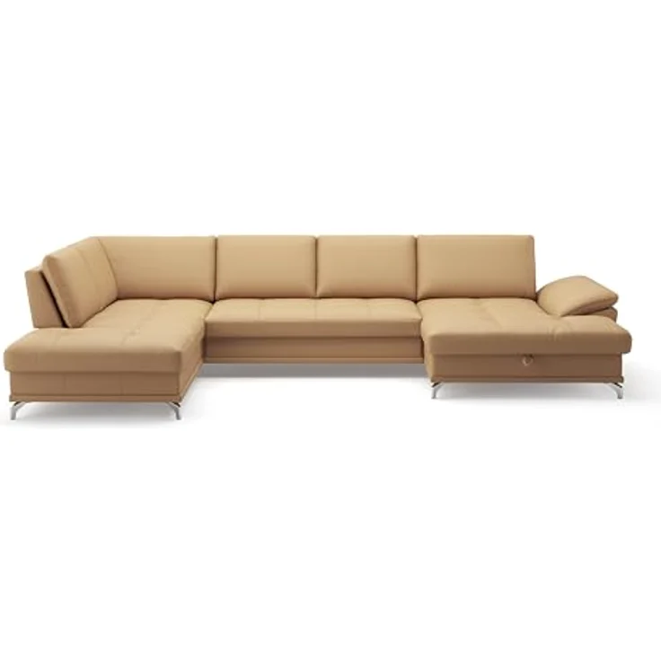 Cavadore Wohnlandschaft Castiel mit Federkern / Sofalandschaft mit großem Longchair, Sitztiefenverstellung und satinierten Metallfüßen / 363 x 89 x 223 / Echtleder, Beige – Bild 8