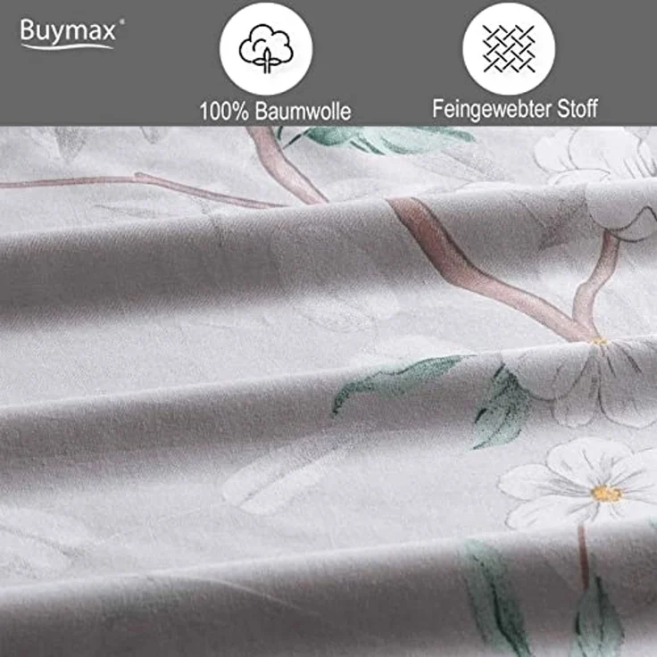 Buymax Bettwäsche Laris, Renforcé: 100% Baumwolle, 3 teilig, Bettbezug Set, Reißverschluss, Blätter Floral, Grau Grün – Bild 3