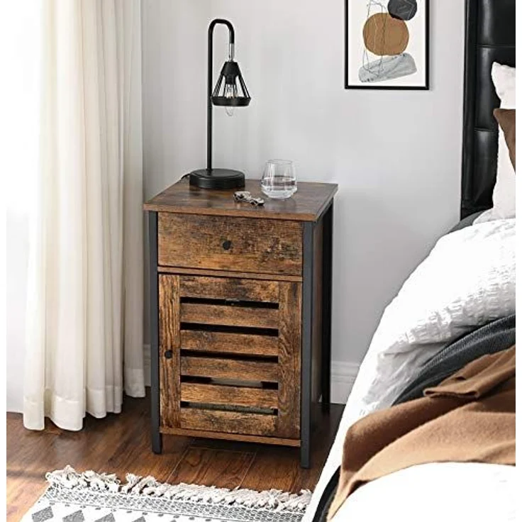 Nachttisch, Beistelltisch mit Schublade, Klapptür, Beistelltisch mit verstellbarer Ablage, Metallrahmen, Industriestil, – Bild 5