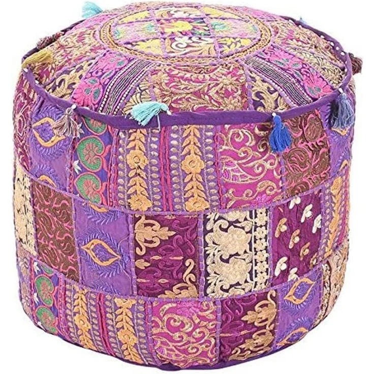 Aakriti Indian Pouf Fußhocker mit Stickerei Pouf, indische Baumwolle, Pouffe osmanischen Pouf Cover mit ethnischem Dekor Kunst - Cover (Purple, 46x33 cms) – Bild 1