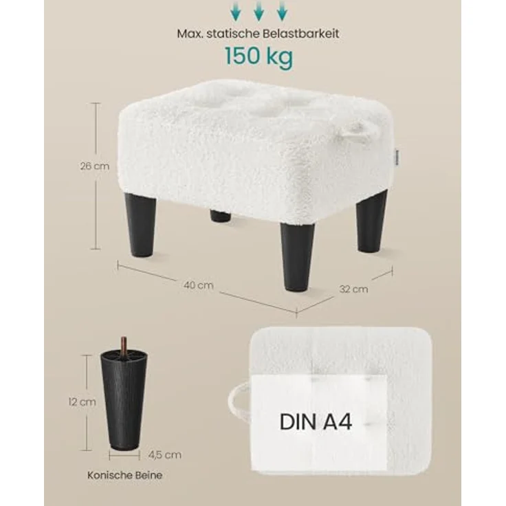SONGMICS Fußhocker, Fleece, Hocker klein, Dicke Polsterung, bis 150 kg belastbar, für Wohnzimmer Schlafzimmer Eingangsbereich, cremeweiß-tintenschwarz LOM503WD01 – Bild 3