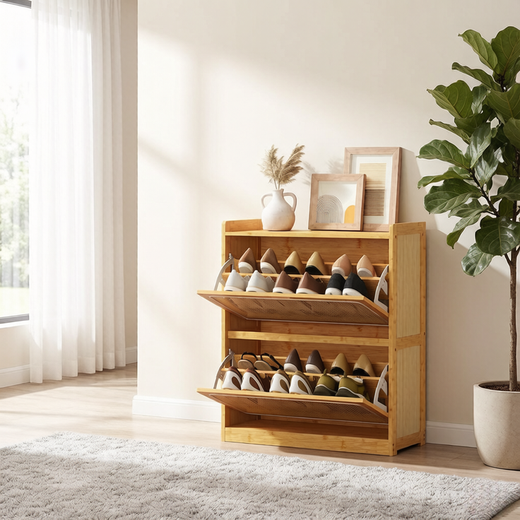 ZUBALIYA Schuhschrank (69 x 29 x 83 cm), Verstellbare Einlegeböden, Herausnehmbare Einlegeböden, Aus Bambus, Naturfarben