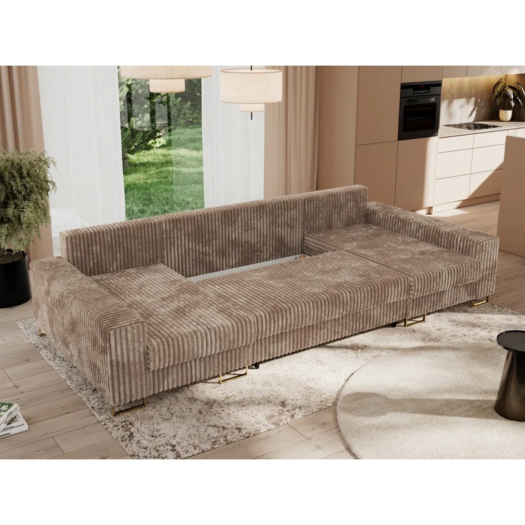 U-förmiges Ecksofa auf goldenen Metallbeinen, mit Schlaffunktion und drei Bettkästen für das Wohnzimmer - DORIAN U - Braun Cord – Bild 4