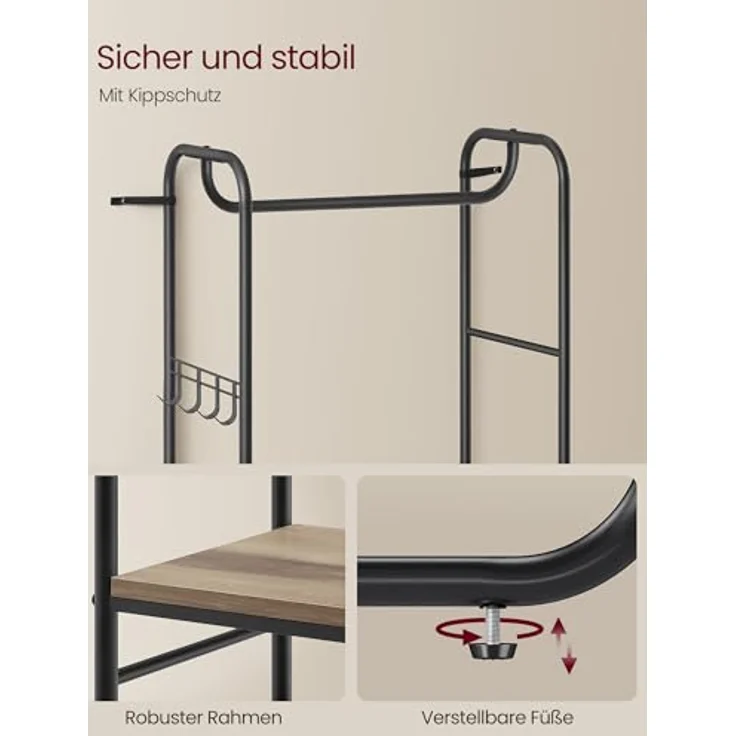 VASAGLE Garderobenständer, Garderobe, Kleiderständer, mit Schuhablage, Schuhregal, Flur, Schlafzimmer, 58 x 28 x 181 cm, skandinavisch, tintenschwarz-kamelbraun HSR081K01 – Bild 5