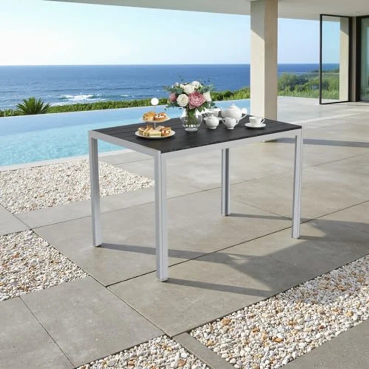 Clevich Gartentisch 110x70 cm aus Aluminium & WPC - Wetterfeste Balkontafel, hitze- und witterungsbeständig für Terrasse und Garten (Silber + schwarz) – Bild 7