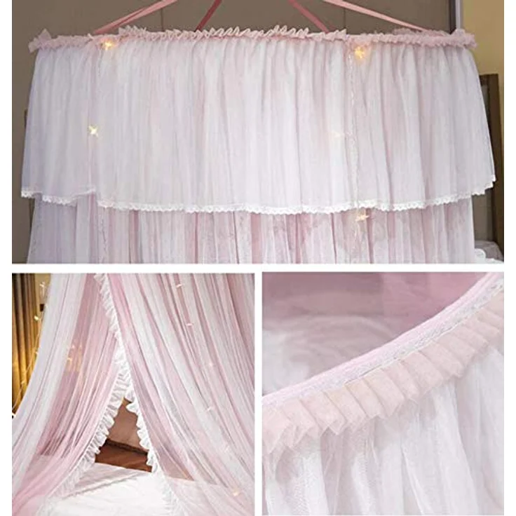 VARWANEO Prinzessinnen-Betthimmel für Mädchen, Betthimmel, Vorhang, doppellagig, durchscheinendes Netz, kuppelförmig, Moskitonetz für Doppelbett, Queen-Size-Bett, Rosa/Weiß – Bild 4