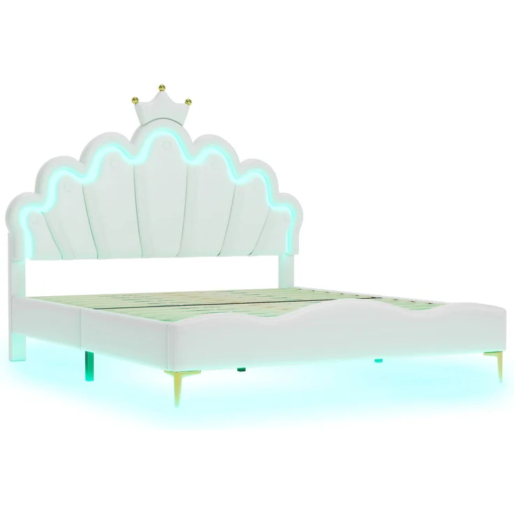 140*200cm Flaches Doppelbett, kronenförmiges Prinzessinnenbett, weiche Polsterung aus PU-Leder, verstellbarer LED-Umgebungslichtstreifen, weiß – Bild 6
