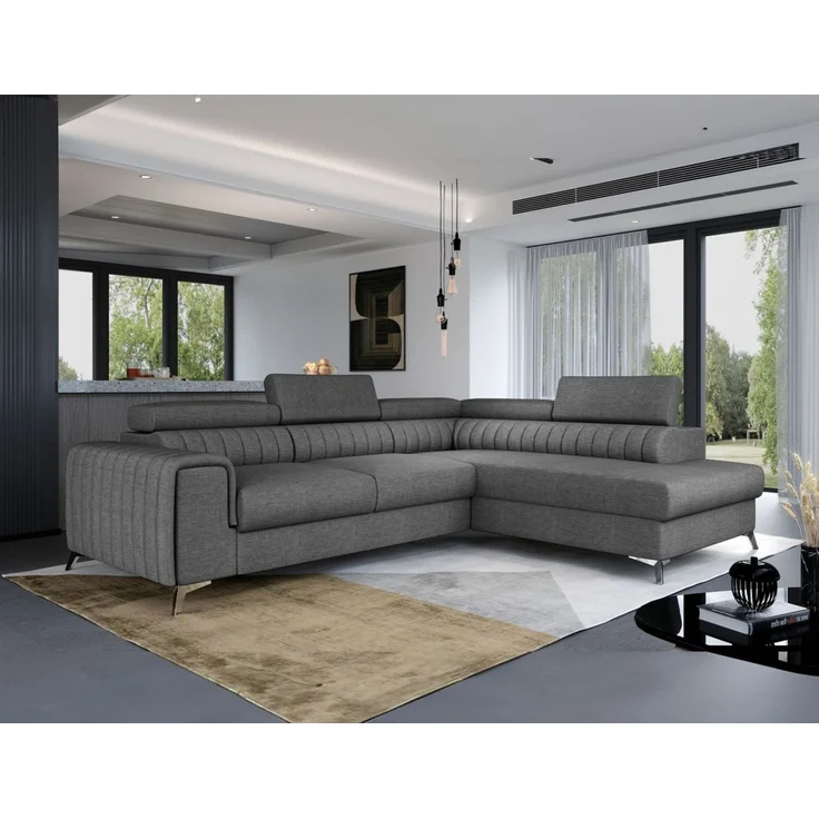 Ecksofa mit Schlaffunktion Sofa ELENI Stoff Sawana Grau Ottomane Rechts – Bild 1