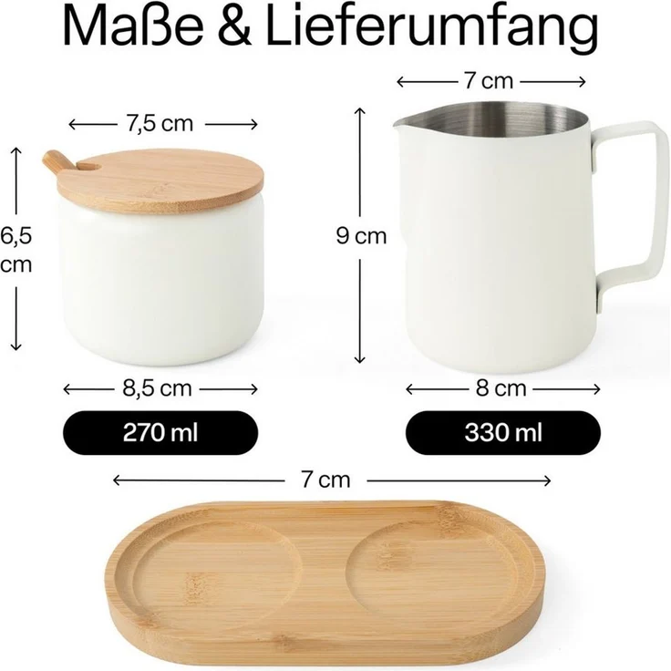 MiaMio Milch- und Zuckerset mit Serviertablett, mattweiß (5-tlg), Edelstahl, Sahnekännchen 330 ml und Zuckerdose 270 ml – Bild 3