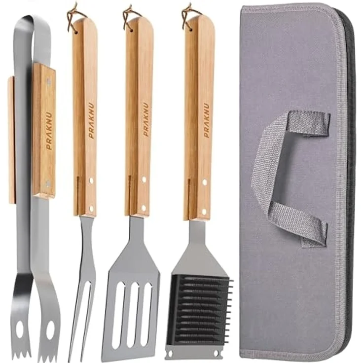 Praknu Grillbesteck-Set mit Holzgriffen und Tragetasche - Hitzebeständig, Rostfrei und Robust, (4-teiliges Set, 4 tlg, 1x Grillzange, Grillwender, Grillgabel, Grillbürste, Tragetasche), Lange Griffe (38cm), Spülmaschinenfest, inkl. Aufbewahrungstasche – Bild 1