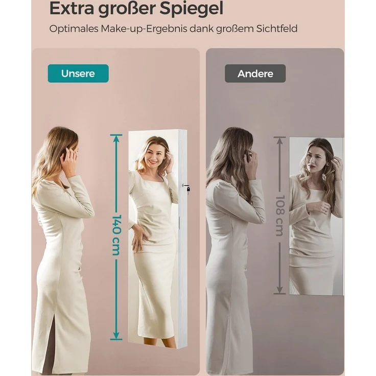 SONGMICS Schmuckschrank 140 cm hoch, Schmuckorganizer mit beleuchtetem Innenspiegel, Spiegelschrank wand- oder türmontiert, abschließbar, Geschenkidee, wolkenweiß JJCDE032W01 – Bild 2