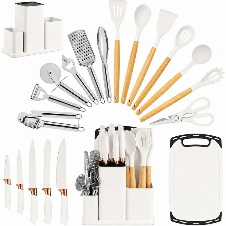 Diyarts Kochbesteck-Set (für beschichtete Pfannen, inklusive Kochmesser, Beige 23-teilig, Grün, Weiß und Schwarz je 20-teilig), Schonende Silikon-Küchenhelfer mit Holzgriffen & Messer im Set