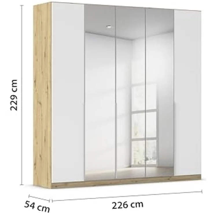 Rauch Möbel Alabama, Kleiderschrank für Schlafzimmer, Kinderzimmer, Wohnzimmer, Garderobe, Flur, 5-türig, Spiegel, mit Zubehör Classic, Farbe Weiß/Eiche Artisan, Holz, Breite 226 cm – Bild 3