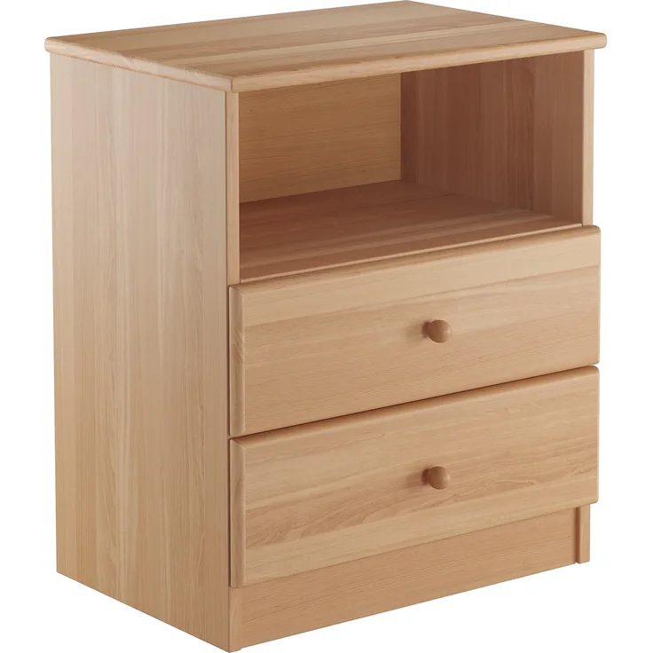 Hohe Nachtkonsole Buche mit zwei Schubladen und offenes Fach