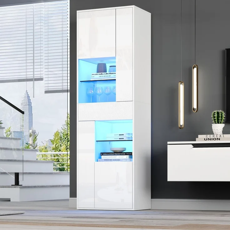 DESVIAE Vitrine mit LED-Beleuchtung und Schublade 55x170x38 cm Spanplatte Weiß – Bild 2