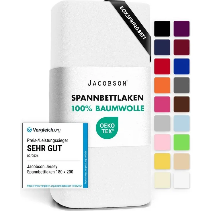 Jacobson Spannbettlaken BOXSPRING & ÜBERLÄNGE aus 100% Baumwolle, für hohe & lange Matratzen, Jersey Bettlaken 160 g/m², OEKO-TEX®