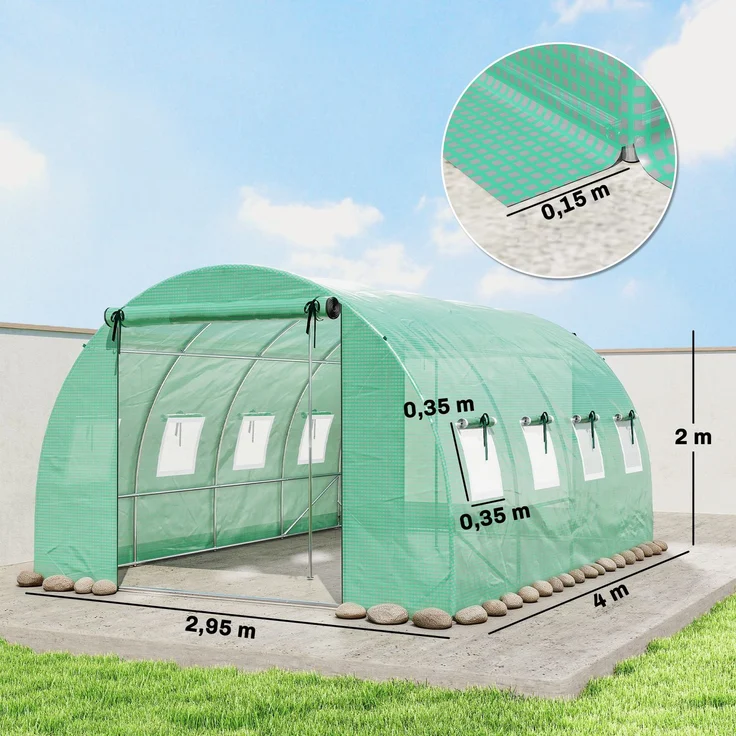 MELAYR, 12 m² Tunnelgewächshaus, 295 x 400 x 200 cm, 2 Türen und 8 Fenster, 140 g/m² PE-Folie, grün – Bild 5