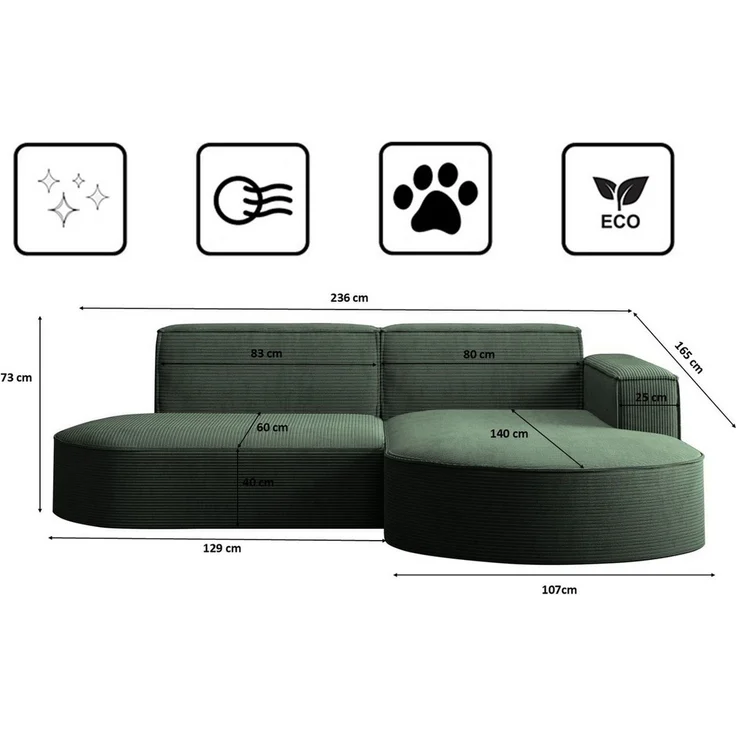 Kaiser Möbel Ecksofa Designer MODENA STUDIO L stoff Cord, Ecksofa, Cord Sofa, L-Form, Links/Rechts wählbar – Bild 2
