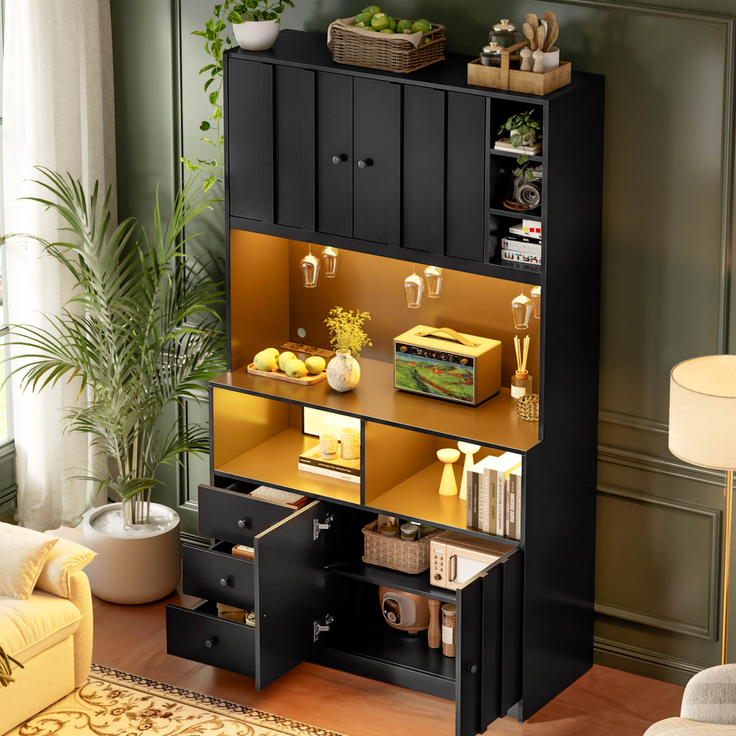 180 cm Küchenschrank, Hochschrank mit LED, Küchenregal mit Steckdose, Weinregal und Vitrine für Küche & Esszimmer--Schwarz--100x40x180cm--YOUDENOVA – Bild 4