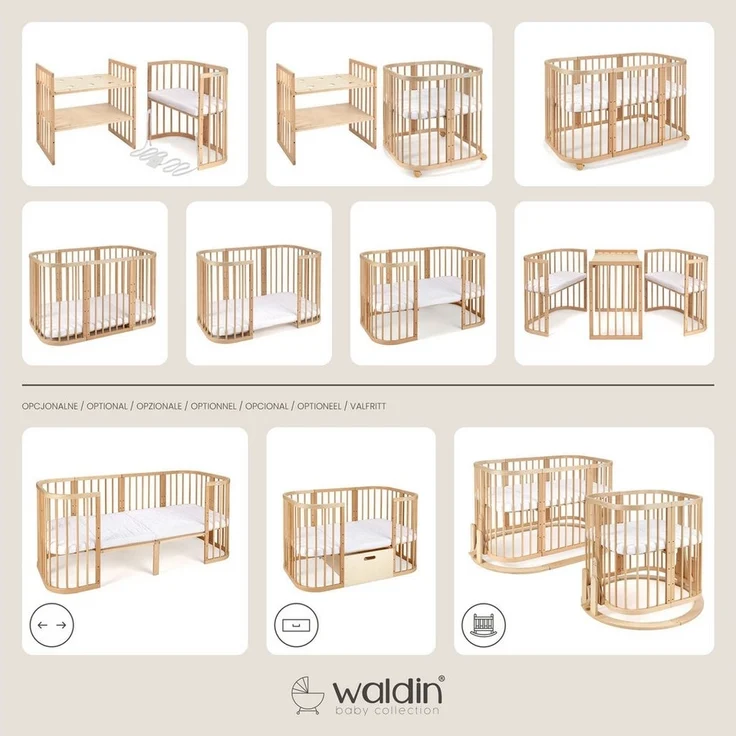 Waldin Babybett Mobiles Babybett OWAL aus Holz 7in1 mit Matratze, mitwachsend – Bild 1