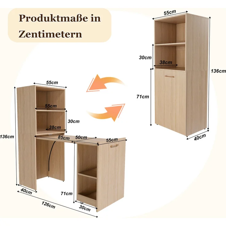 Ausziehbarer Schreibtisch mit Stauraumschrank & Kippsicherung, platzsparender Klappschreibtisch mit verstellbaren Ablagen & ausziehbarer Tischplatte für Schlafzimmer & Arbeitszimmer, Helle Eiche natur--Naturholz--76x55x136cm--YOUDENOVA – Bild 8