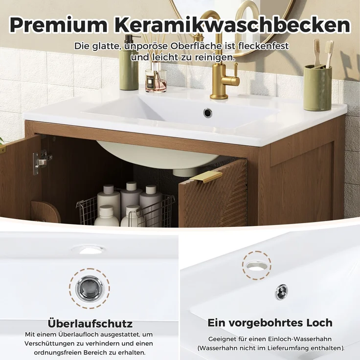 Freistehender Badschrank mit Keramikwaschbecken, B 61 x T 47 x H 87 cm, MDF in Walnussoptik – Bild 6