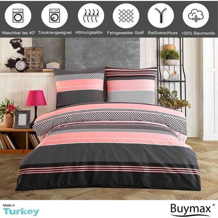 Buymax Bettwäsche, Renforcé, 3 teilig, Bettbezug-Set 200x200 cm 100% Baumwolle mit Reißverschluss, Streifen – Bild 4