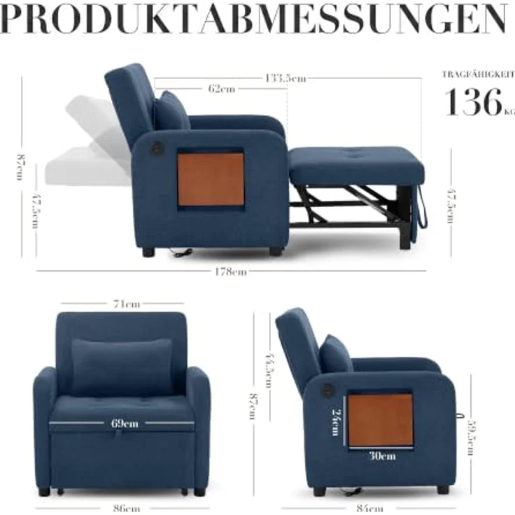 COLAMY Verwandelbarer Schlafsessel Stoff Futon Sofa Bett, Einzel Schlafsofa mit USB-Anschluss, klappbarem Tisch, Kissen und Verstellbarer Rückenlehne für Wohnheim, Schlafzimmer, Blau – Bild 2
