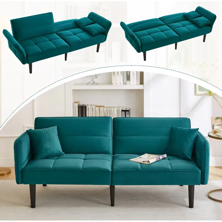 Merax 2-in-1 Verstellbares Schlafsofa – Zweisitzer mit Samtbezug, klappbaren Armlehnen & Schlaffunktion, ideal für kleine Räume, Antik Blaugrün