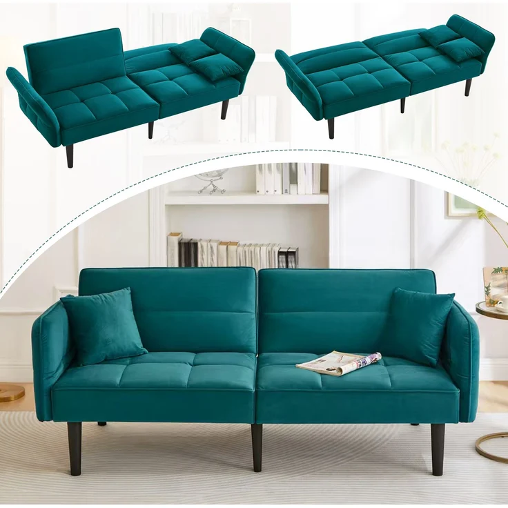 Merax 2-in-1 Verstellbares Schlafsofa – Zweisitzer mit Samtbezug, klappbaren Armlehnen & Schlaffunktion, ideal für kleine Räume, Antik Blaugrün – Bild 1