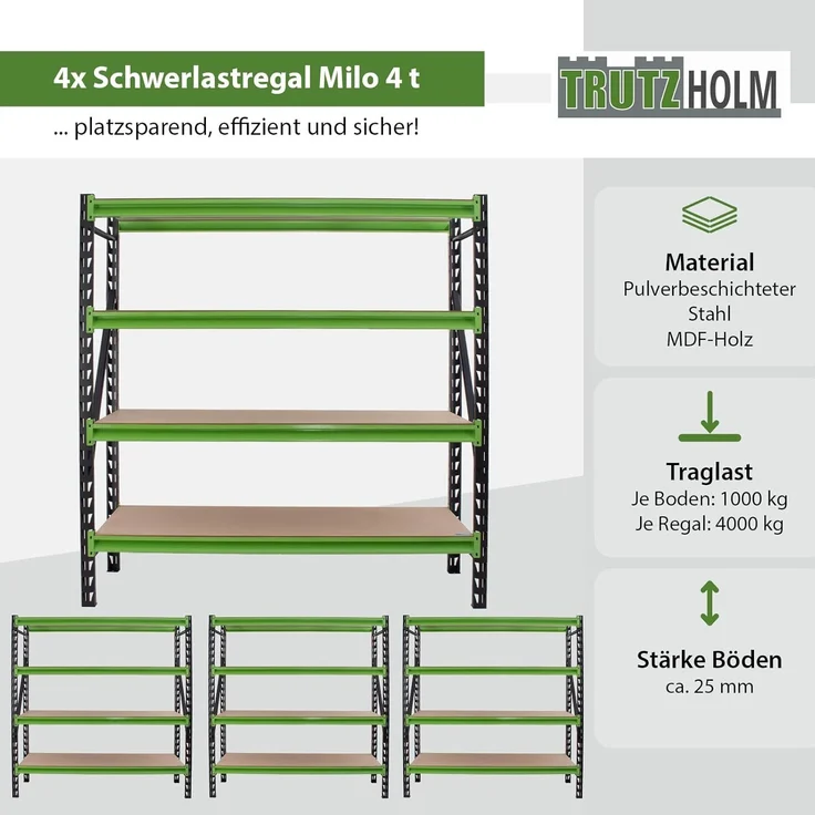 4x Industrieregal Milo 200x190x60cm steckbar, erweiterbar 4 Ebenen 4 Tonnen Schwerlastregal Regal – Bild 3