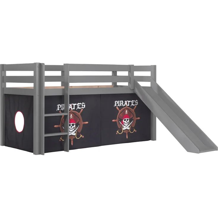 Vipack Spielbett 'Pino' mit Rutsche grau und Textilset \"Pirates\"