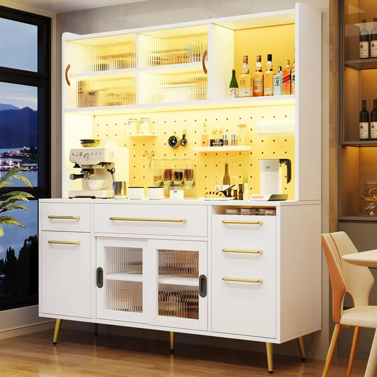 EINHOM Modernes Sideboard mit LED-Beleuchtung, Hochschrank für Küche & Wohnzimmer, Aufbewahrungsschrank mit Lochwand, Schublade & Glastür, Weiß – Bild 5