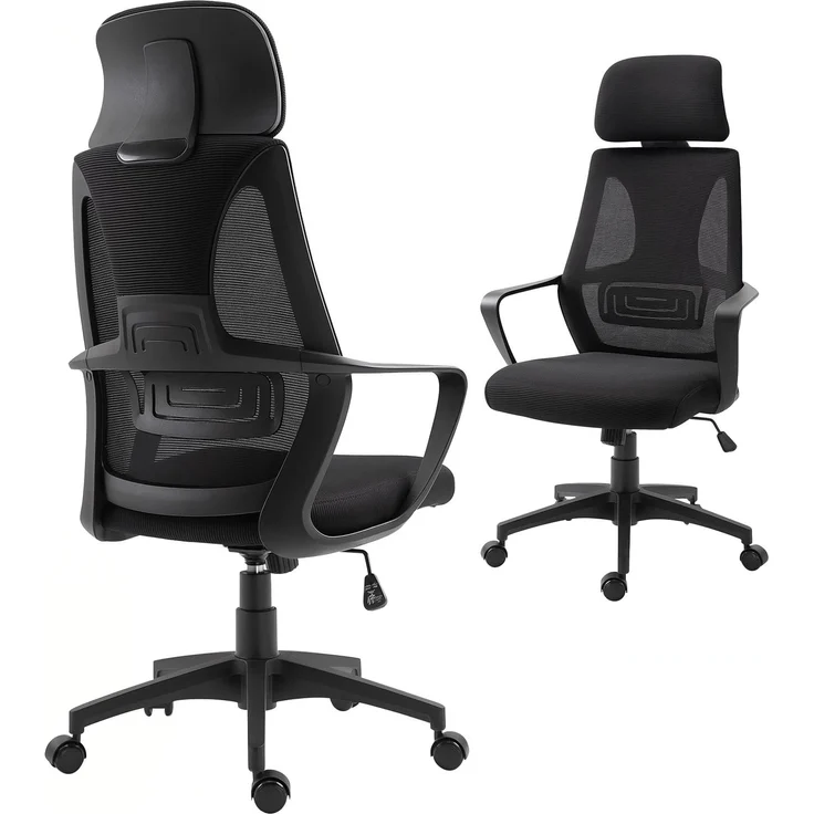 MELAYR, Bürostuhl, Schreibtischstuhl mit Wippfunktion Höhenverstellbarer mit Kopfstütze, 64 x 55 x 126 cm, Schwarz – Bild 1