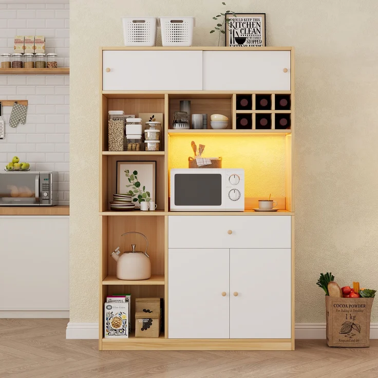 ZUBALIYA Buffetschrank 115x35x180 cm, mit LED-Beleuchtung, aus Spanplatte, Weiß / Natur – Bild 8