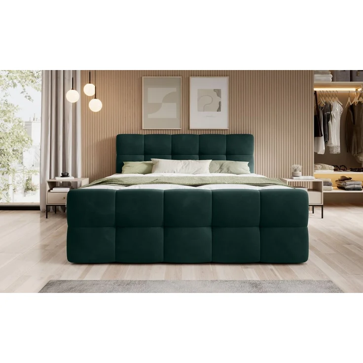 thematys Boxbett mit Bettkasten 180x200cm, mit Bonnellfederkernmatratze H3, Bouclé/Velours, mit Stauraum, mit 3 cm Topper, Dunkelgrün (Velluto 10), Art.-Nr. S04GH0RGMEA – Bild 2