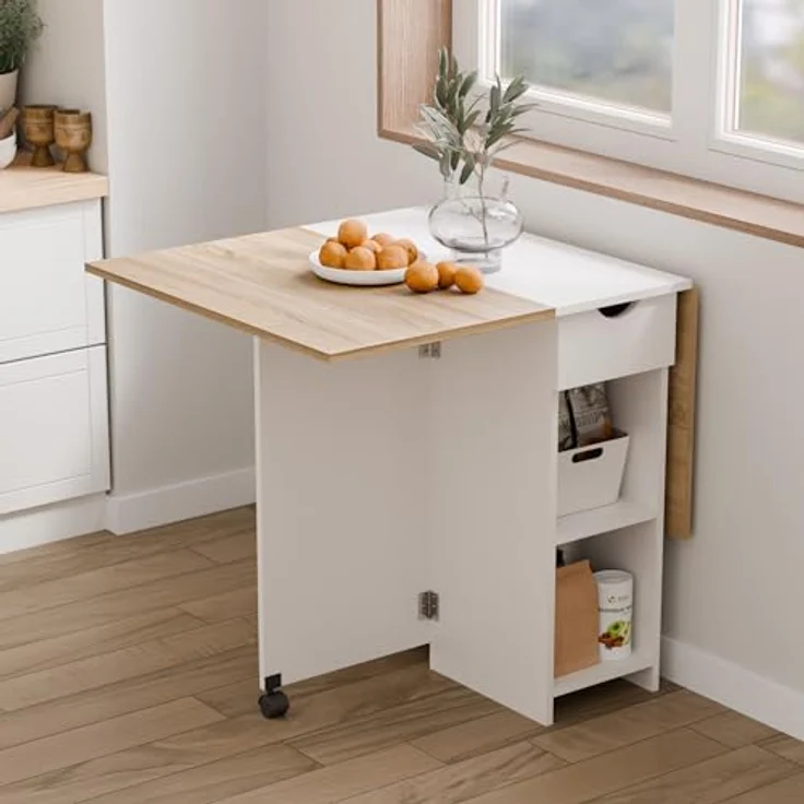 Mondeer Esstisch Klappbar, Küchentisch mit 1 Schublade und 2 Ablagen für 2-4 Personen, Klapptisch Esszimmertisch mit Rollen für Kleine Räume, Esszimmer, Küche, 72 x 120 x 75 cm, Eiche und Weiß – Bild 7